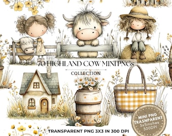 Highland Cow Clipart: Farmhouse Watercolor Clip Art (Digital Download, 3x3 inches)