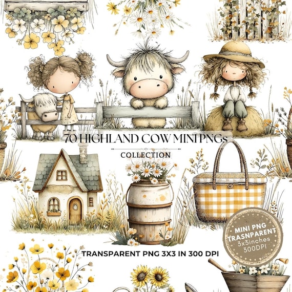 Highland Cow Clipart: Farmhouse Watercolor Clip Art (Digital Download, 3x3 inches)
