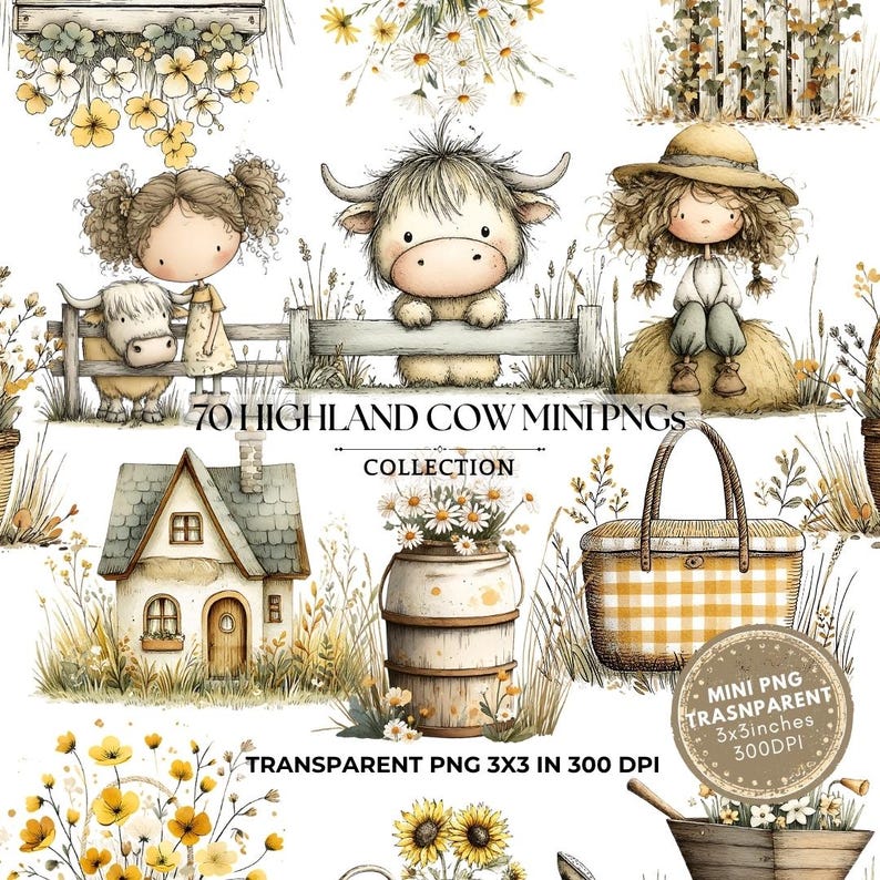 May include: A collection of watercolor illustrations featuring Highland cows, children, and pastoral elements. The images include a house, a picnic basket, and floral arrangements. Text on the image reads "70 HIGHLAND COW MINI PNGS COLLECTION" and "TRANSPARENT PNG 3X3 IN 300 DPI".