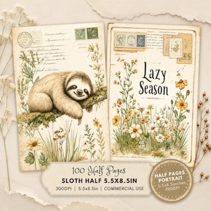 May include: Two rectangular paper sheets featuring vintage-style illustrations. One shows a sloth resting on a branch amidst wildflowers. The other displays the text Lazy Season above a field of flowers. Both include postage stamps and script.