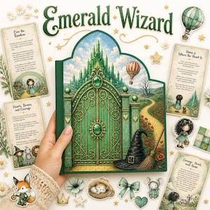 May include: A book titled Emerald Wizard featuring a green gate illustration, a black witch hat, and a broom. Surrounding the book are several illustrated cards with text, a fox sticker, a sleeping cat, and small decorative stars and flowers.