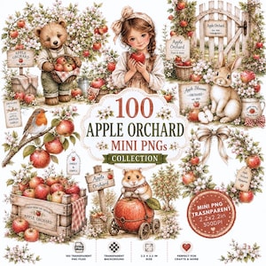 Puede incluir: Una colección digital de 100 archivos PNG mini de Apple Orchard con ilustraciones de un oso de peluche, una niña, un conejo, un hámster, manzanos, cajas de madera, letreros y coronas. Cada gráfico mide 5,6 cm a 300 DPI.