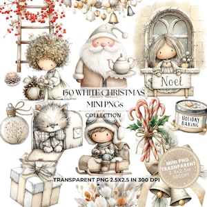 May include: Watercolor illustrations of Christmas-themed mini PNGs. The collection includes Santa Claus, a girl by a window with "Noel" sign, a cat in a mailbox, a boy on a sled, candy canes, and a "Holiday Baking" tin. The image text says "150 WHITE CHRISTMAS MINI PNGS COLLECTION".