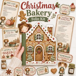 May include: A Christmas Bakery folio kit featuring a gingerbread house-shaped book with a green spine, surrounded by decorative cards with recipes for honey glazed ham and holiday roast, gingerbread cookies, and labels reading Freshly Baked.