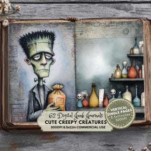 Apothecary, Frankenstein Junk Journal Kit, Digital Download, Printable Ephemera, Scrapbook Collage, Halloween Craft Ideas, Creepy Creatures Caricatures