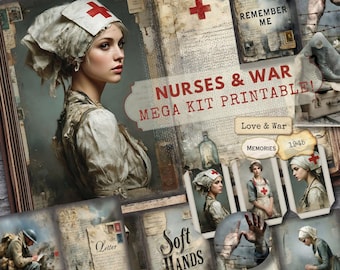 May include: A digital collage featuring vintage imagery of nurses, medical symbols, and war-themed elements. The central image showcases a nurse with a red cross on her head covering. Text includes "Nurses & War" and "Remember Me."