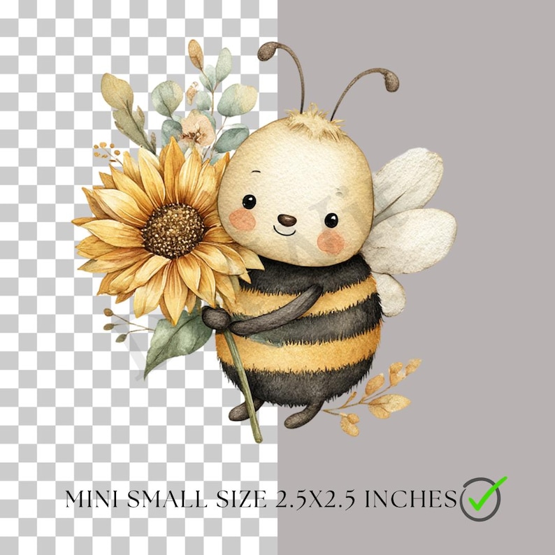 Puede incluir: Ilustraci&oacute;n en acuarela de una abeja de dibujos animados sosteniendo un girasol y un peque&ntilde;o palo. La abeja tiene una cabeza color crema, un cuerpo a rayas negras y amarillas y alas blancas. El texto dice "MINI SMALL SIZE 2.5X2.5 INCHES".
