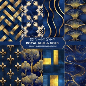 Digitaal papier koningsblauw en goud, naadloos blauw plakboekpapier, helder marineblauw en goud digitaal papier, inpakpapier blauw beker