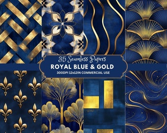 Puede incluir: Un collage digital de 35 patrones sin costuras en azul real y dorado. Los patrones incluyen formas geométricas, diseños florales y remolinos abstractos. El texto "35 Seamless Papers ROYAL BLUE & GOLD 300DPI 12x12IN COMMERCIAL USE" se muestra en el centro de la imagen.