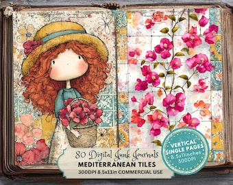 Páginas de diario basura con azulejos mediterráneos: Papel de scrapbooking y efímeras de limones de verano (descarga digital)