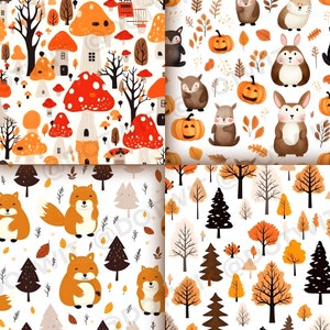 May include: Four different seamless patterns featuring autumnal woodland creatures, trees, and leaves. The patterns are in shades of brown, orange, yellow, and green.