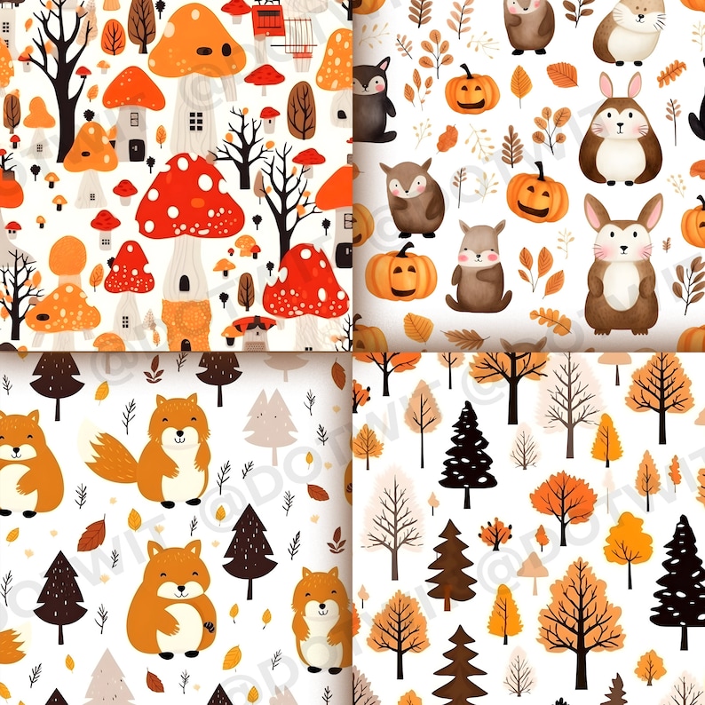 May include: Four different seamless patterns featuring autumnal woodland creatures, trees, and leaves. The patterns are in shades of brown, orange, yellow, and green.