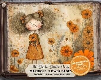 Marigold Printable Pages, Junk Journal Digital Download, Vintage Ephemera, Scrapbook Kit, Floral Craft Supplies