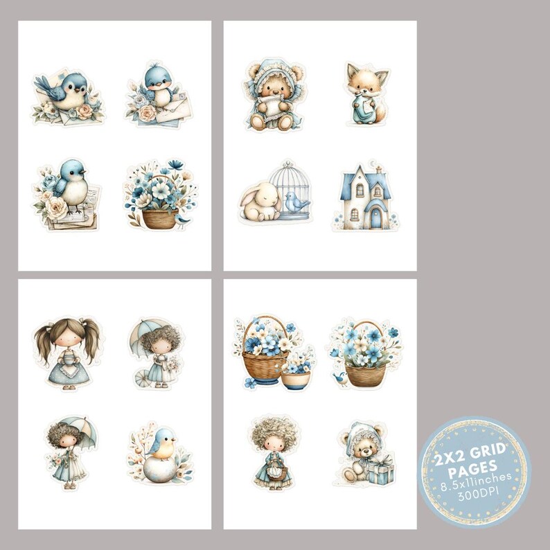 May include: A collection of watercolor stickers featuring various adorable illustrations. The stickers include blue birds, a teddy bear, a fox, a bunny, a house, dolls, and floral arrangements. The stickers are arranged on a white background with a circular text label that reads "2x2 GRID PAGES 8.5x11inches 300DPI".