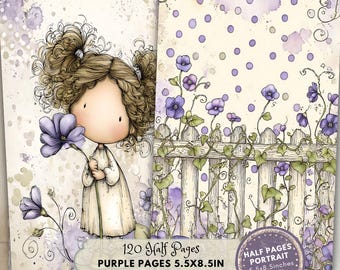 Páginas moradas: Manualidad de papel con flores violetas (descarga digital, vertical, 14 x 21 cm)