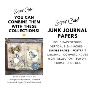 May include: A digital junk journal kit with a cottagecore theme. The image shows a journal with illustrations of a girl and a bluebird. The text reads "Super Cute!" and "Junk Journal Papers". The kit includes printable scrapbook pages.