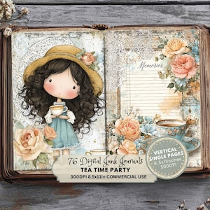 Può includere: Pagina doppia di un diario digitale con un'illustrazione di una ragazza con un cappello di paglia che tiene una tazza di tè, circondata da rose. Le pagine del diario includono il testo "Memories" e "Tea Time Party". Il diario misura 21,59 cm x 27,94 cm.