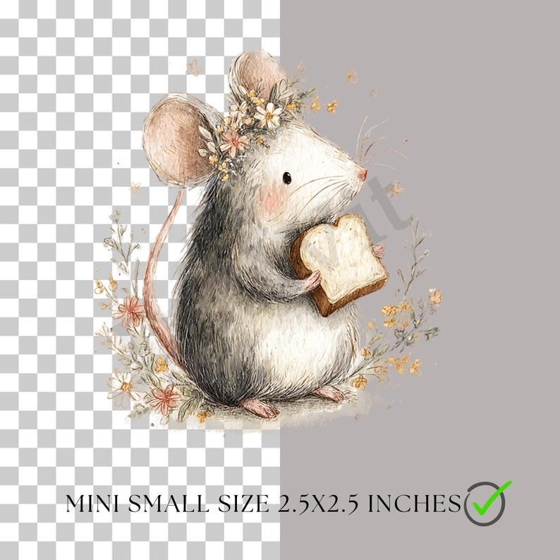May include: Watercolor illustration of a mouse wearing a floral crown, holding a slice of bread. The mouse has gray and white fur, pink cheeks, and a long pink tail. The image is labeled "MINI SMALL SIZE 2.5X2.5 INCHES".