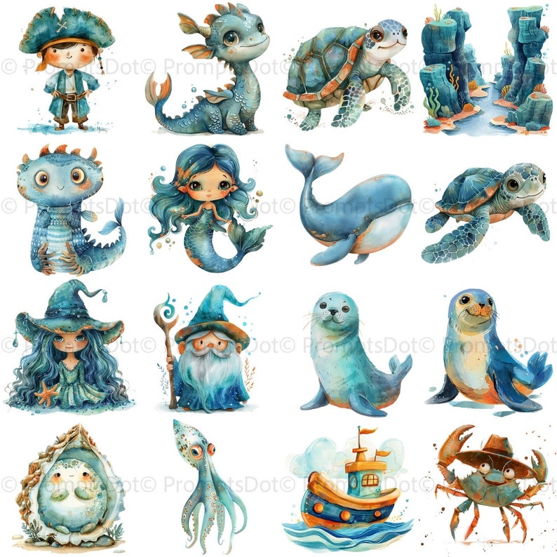 May include: Watercolor illustrations of various sea creatures and characters. Includes a pirate, dragon, mermaid, whale, turtle, seal, wizard, crab, oyster, octopus, and a boat. The artwork features shades of blue, green, and orange.