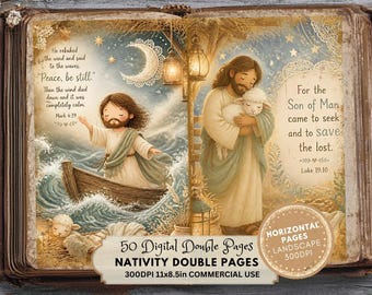 Jesus Ephemera Printable Kit, Christian Junk Journal Pages, Vintage Devotional Scrapbook, Faith Nativity (LANDSCAPE)