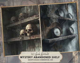 Papel de álbum de recortes de casa abandonada: Páginas de Halloween espeluznantes, Estante misterioso (Descarga digital)