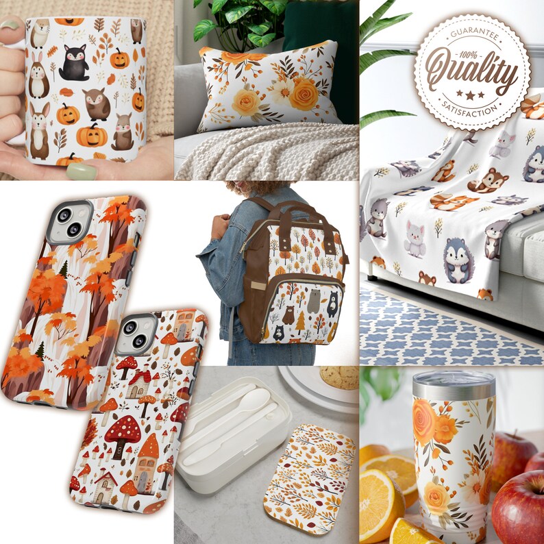 May include: A set of autumn-themed products featuring a mug, phone case, pillow, backpack, blanket, lunch bag, and tumbler. The designs feature fall leaves, mushrooms, and woodland animals. The products are all white with a brown and orange color scheme.