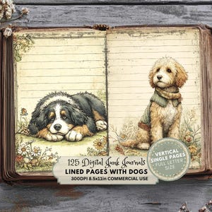 Op de afbeelding: Een digitale junk journal in vintage-stijl met gelinieerde pagina's met illustraties van twee honden. Het journal bevat de tekst "125 Digital Junk Journals, Lined Pages With Dogs, 300DPI 21.59x27.94cm Commercial Use" en "Vertical Single Pages Full Letter Size".