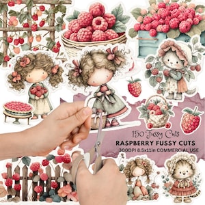 Puede incluir: Una colección de recortes minuciosos con temática de frambuesas, con ilustraciones de niñas, gatitos, cestas y frambuesas. El texto "150 Fussy Cuts" y "Raspberry Fussy Cuts" es visible. La imagen mide 21,59x27,94 cm.