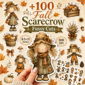 Op de afbeelding: Een verzameling herfstachtige vogelverschrikker-knipsels met illustraties van vogelverschrikkers, pompoenen, zonnebloemen en herfstbladeren. De tekst luidt +100 Fall Scarecrow Fussy Cuts, 8.5x11 inches en 300 DPI. Bevat diverse oogstmotieven.