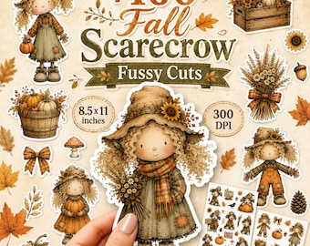 Scarecrow Fussy Cuts Bundle, Fall Pumpkin Stickers, Autumn Doll Ephemera, Printable Harvest Cutouts