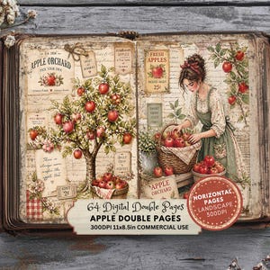 May include: A digital scrapbook page featuring an apple orchard theme with a central apple tree, a person in an apron harvesting apples into a woven basket, vintage-style labels, handwritten script, and the text 64 Digital Double Pages.