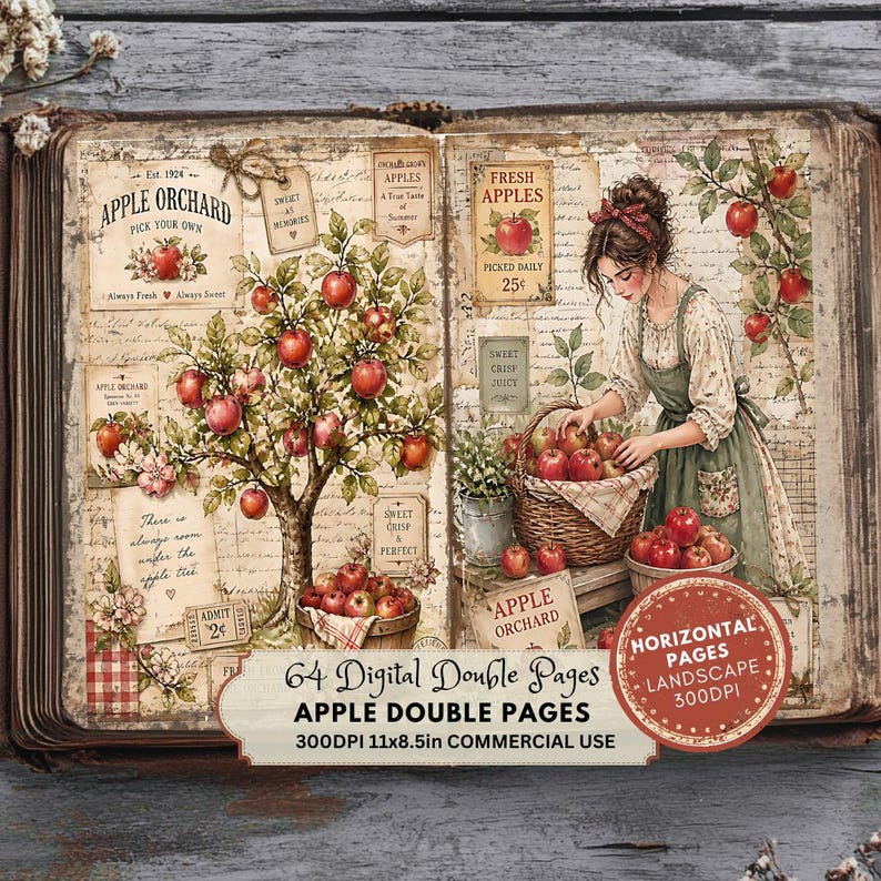 May include: A digital scrapbook page featuring an apple orchard theme with a central apple tree, a person in an apron harvesting apples into a woven basket, vintage-style labels, handwritten script, and the text 64 Digital Double Pages.