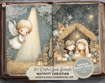 May include: A digital junk journal with a nativity scene illustration. The image features an angel, a stable with Mary, Joseph, and baby Jesus, and the text "80 Digital Junk Journals, Nativity Christian, 300DPI 8.5x11in Commercial Use". The journal is open, showing the artwork.