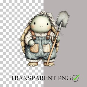 K&ouml;nnte beinhalten: Aquarell-Illustration einer Schildkr&ouml;te mit Latzhose und Haube, die eine Schaufel h&auml;lt. Die Schildkr&ouml;te ist hellgr&uuml;n mit braunem Panzer und tr&auml;gt eine blaue Latzhose mit braunen Tr&auml;gern. Der Text "TRANSPARENT PNG" ist vorhanden.