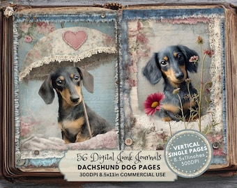 Può includere: Una doppia pagina di diario digitale con due bassotti. Uno è sotto un ombrello di pizzo con un cuore, l'altro vicino a un fiore. Le pagine del diario hanno motivi floreali e pizzo. Testo: "56 Digital Junk Journals, Dachshund Dog Pages, 21.59x27.94cm."