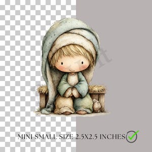 May include: Watercolor illustration of a seated figure with blonde hair, wearing a blue and beige hooded robe. The figure is on a wooden bench with straw. The text "MINI SMALL SIZE 2.5X2.5 INCHES" is at the bottom.