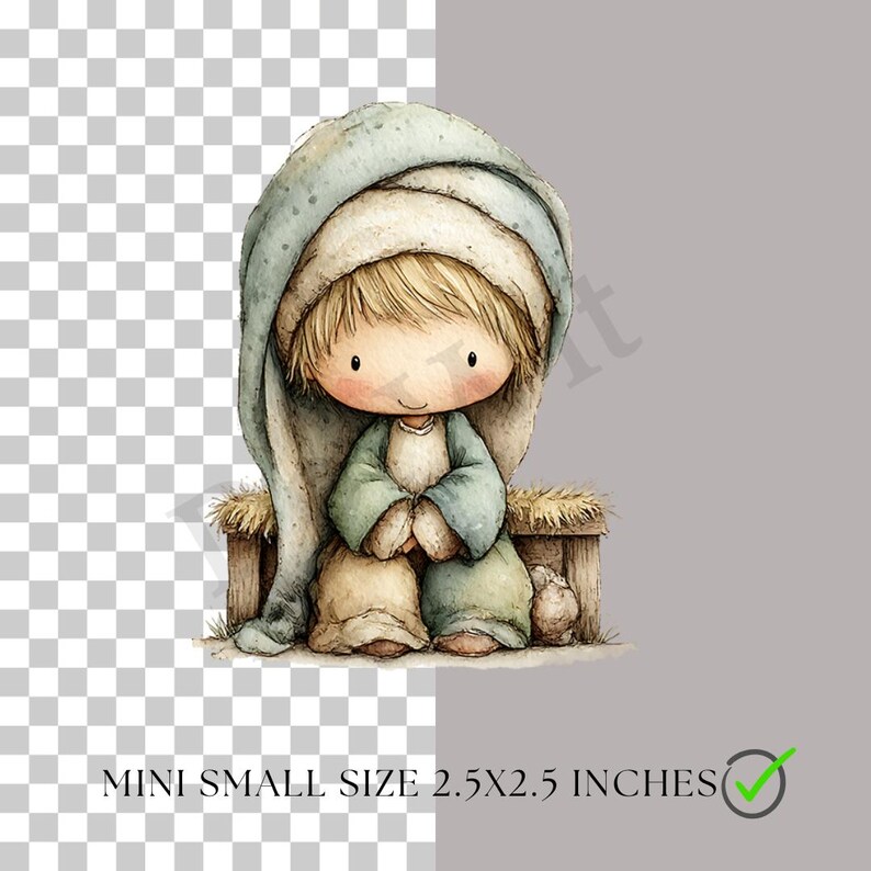 May include: Watercolor illustration of a seated figure with blonde hair, wearing a blue and beige hooded robe. The figure is on a wooden bench with straw. The text "MINI SMALL SIZE 2.5X2.5 INCHES" is at the bottom.
