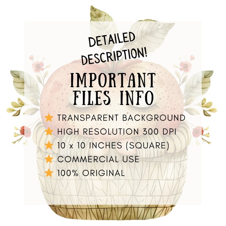 May include: A digital illustration of a red apple with a basket and leaves. The text "DETAILED DESCRIPTION! IMPORTANT FILES INFO" is written on the apple. The text "TRANSPARENT BACKGROUND, HIGH RESOLUTION 300 DPI, 10 x 10 INCHES (SQUARE), COMMERCIAL USE, 100% ORIGINAL" is written below the apple.