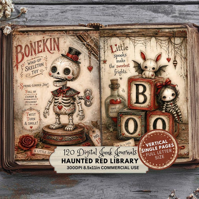 May include: A digital junk journal page featuring a skeleton toy in a top hat on the left and a bat, doll, and blocks spelling BOO on the right. Text includes BONEKIN, Little spooks make the sweetest frights, and 120 Digital Junk Journals.