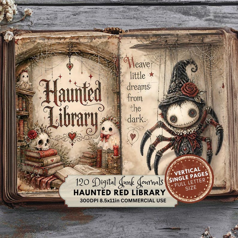 May include: An open book featuring the text Haunted Library and Weave little dreams from the dark. Illustrations include a skull with a red rose, a ghost, and a spider wearing a hat with a rose. A circular badge reads 120 Digital Junk Journals.