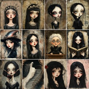 May include: A collage of 10 digital illustrations featuring gothic-inspired characters with dark hair and clothing. The characters are depicted in various poses and settings, including a witch, a woman with a book, and a woman standing on a staircase.