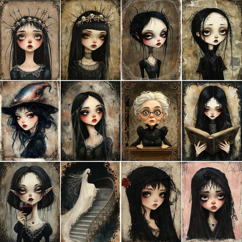 May include: A collage of 10 digital illustrations featuring gothic-inspired characters with dark hair and clothing. The characters are depicted in various poses and settings, including a witch, a woman with a book, and a woman standing on a staircase.