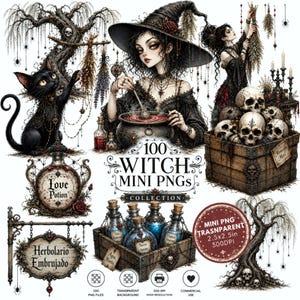 Häxapotekare PNG-paket, magisk dryckesclipart, gotiska Halloween-illustrationer, grafik med trollformler