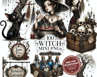 Witch Apothecary PNG Bundle, Magic Potion Clipart, Gothic Halloween Illustrations, Spell Book Graphics