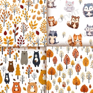 May include: A seamless pattern featuring a variety of woodland animals, including bears, raccoons, foxes, and squirrels, set against a background of autumn leaves and trees. The animals are depicted in a cartoon style with bright colors and playful expressions.