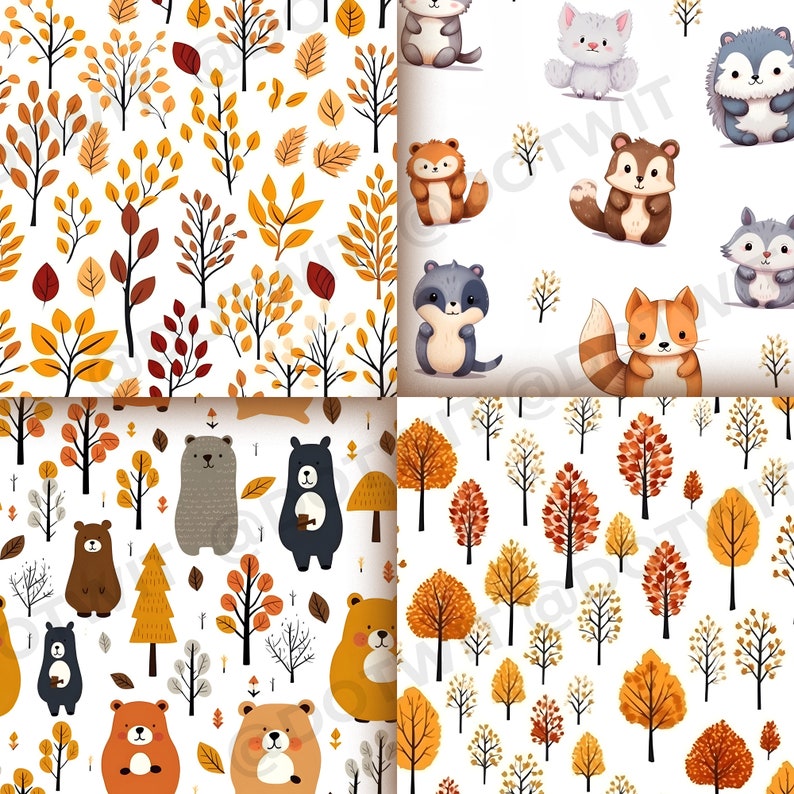 May include: A seamless pattern featuring a variety of woodland animals, including bears, raccoons, foxes, and squirrels, set against a background of autumn leaves and trees. The animals are depicted in a cartoon style with bright colors and playful expressions.