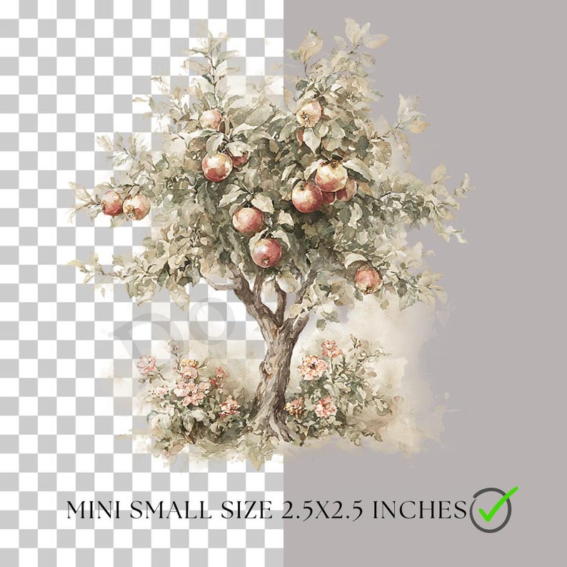 May include: Watercolor painting of a small apple tree with red apples and green leaves. The tree has a brown trunk and is surrounded by pink flowers. The text at the bottom reads "MINI SMALL SIZE 2.5X2.5 INCHES".