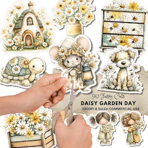 May include: A collection of whimsical daisy-themed stickers. The stickers feature illustrations of a house, a mouse, a turtle, a dog, and two dolls, all adorned with daisies. The text "90 Fussy Cuts DAISY GARDEN DAY" is also visible.