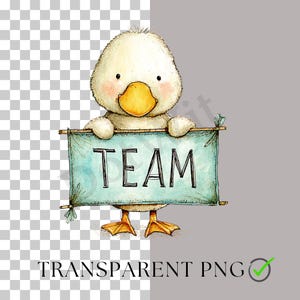 May include: A watercolour illustration of a charming duckling holding a banner with the word "TEAM". The duckling has a yellow beak and feet, with rosy cheeks. The banner is light blue with black text. Transparent PNG image.