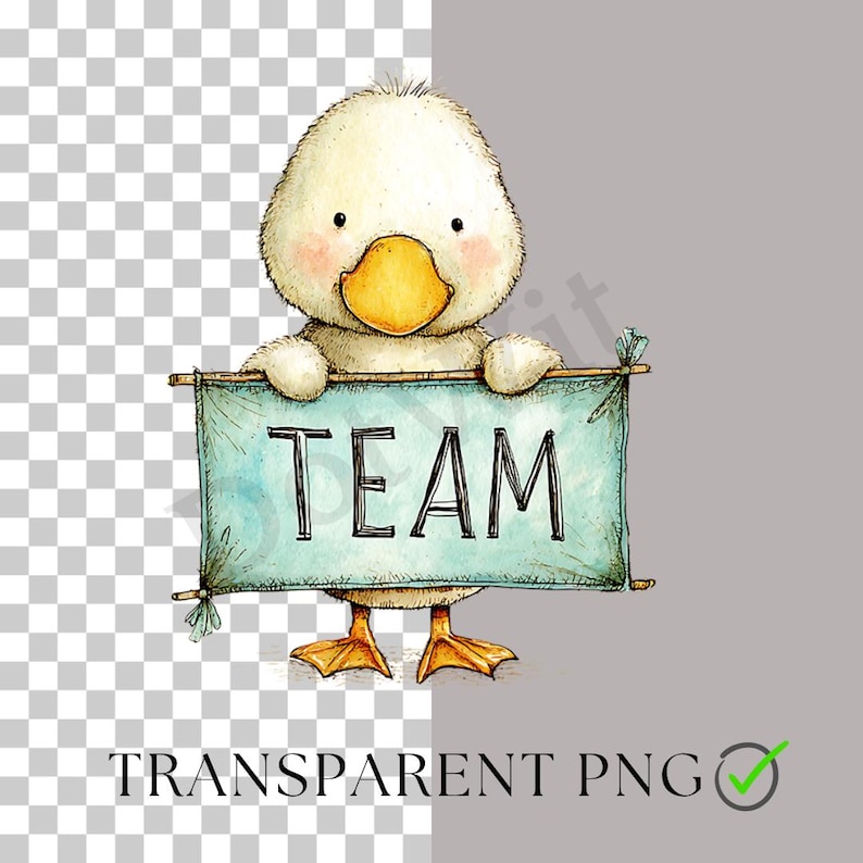 May include: A watercolour illustration of a charming duckling holding a banner with the word "TEAM". The duckling has a yellow beak and feet, with rosy cheeks. The banner is light blue with black text. Transparent PNG image.